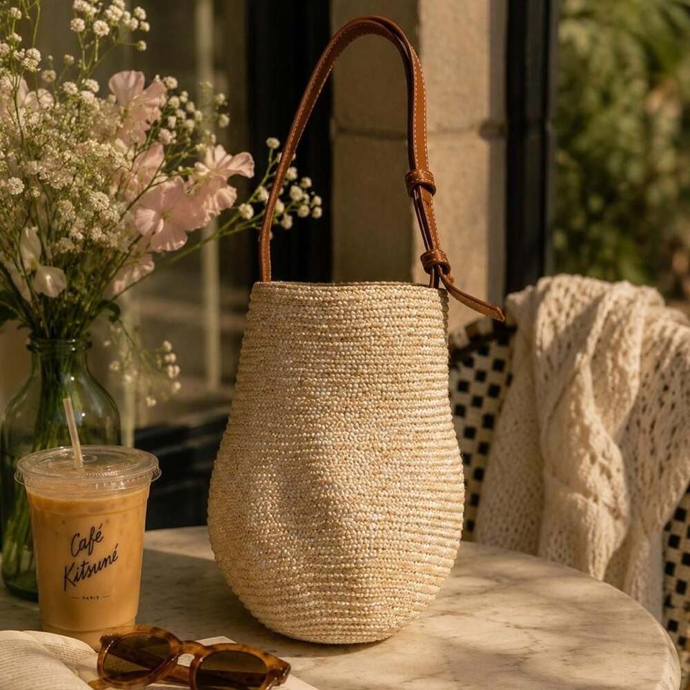 Woven Straw Raffia Shoulder Bag Boho Bucket Purse